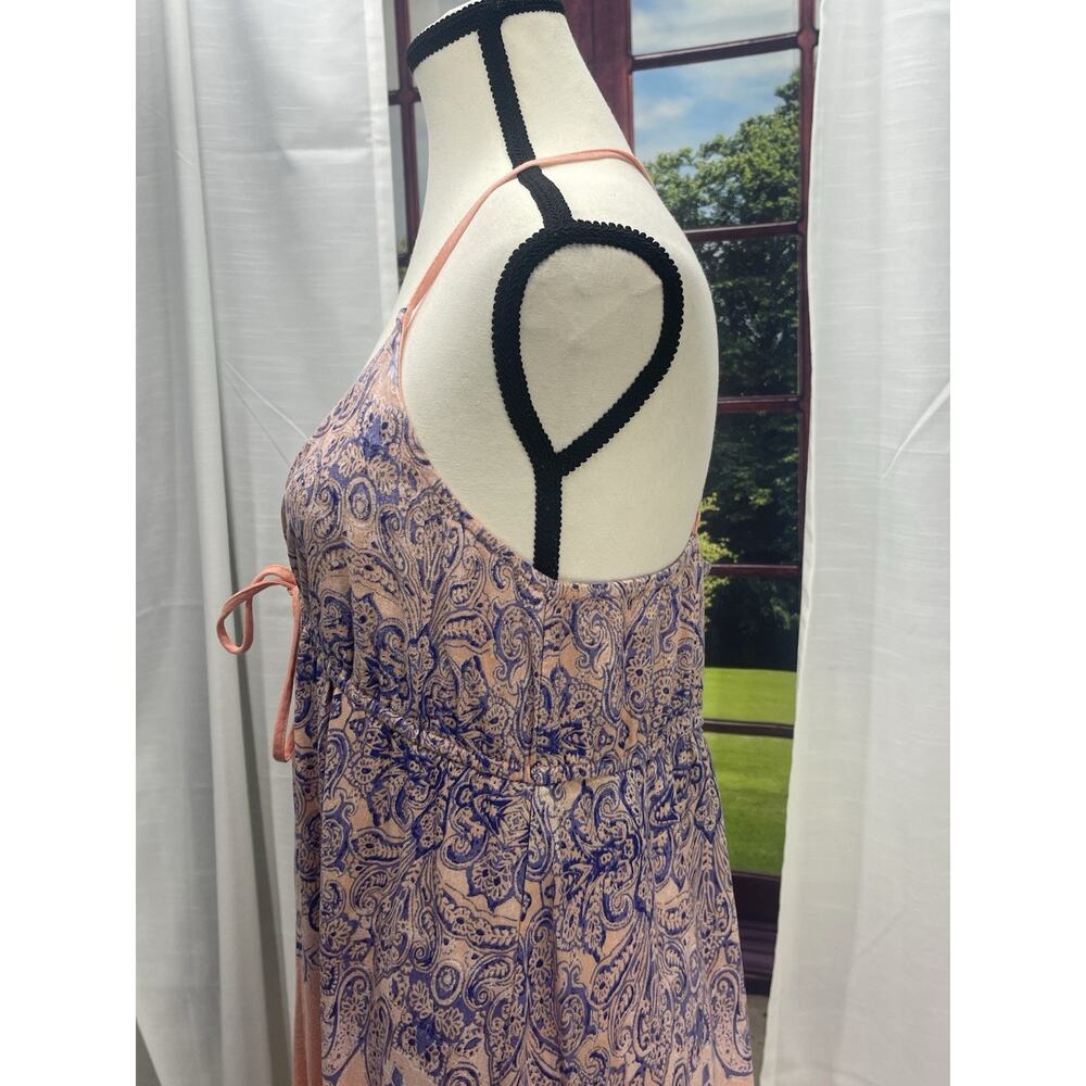 Babydoll flowy Paisley Maxi Dress 12 Boho Resort Tie Front Crossback Coral Blue - Picture 11 of 13